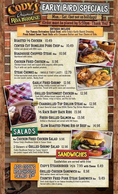 Menu of Cody's Original Roadhouse in Bradenton, FL 34207