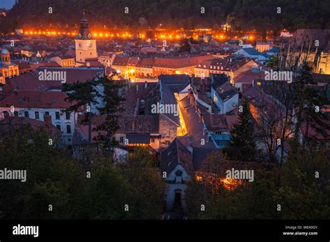 Architecture of Brasov at night. Brasov, Brasov County, Romania Stock ...