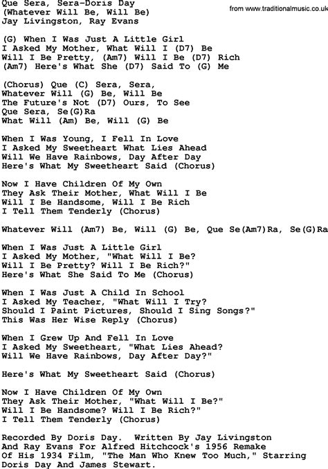 Country Music:Que Sera, Sera-Doris Day Lyrics and Chords