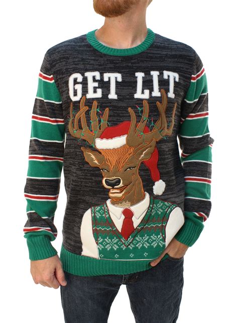 Ugly Christmas Sweater - Ugly Christmas Sweater Men's "Get Lit" Party Reindeer Sweatshirt -S ...