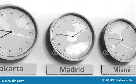 Clock Shows Madrid, Spain Time among Different Timezones. Conceptual 3D ...