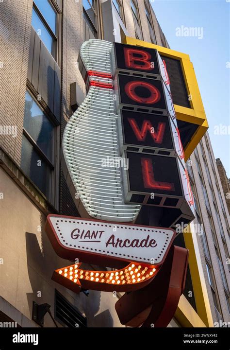 Signage for the Bowling, Arcade, Bar, & More at Bowlero Times Square in ...