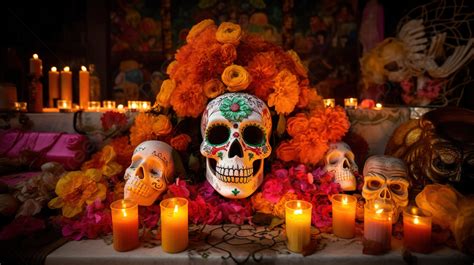 Day Of The Dead Altar With Colored Candles With White And Orange Skulls Background, Day Of The ...