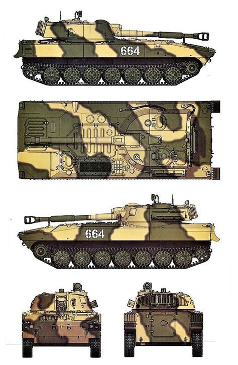 three different types of tanks with camouflage paint scheme on the front and back, side by side