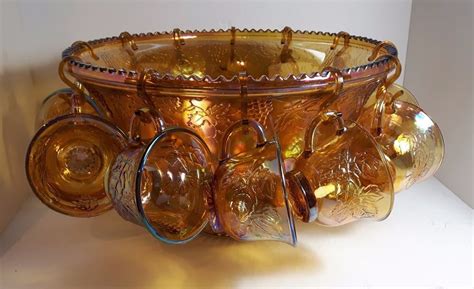 #21 - VINTAGE CARNIVAL GLASS PUNCH BOWL SET