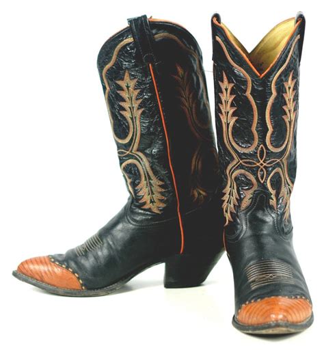 Tony Lama Black Leather Cowboy Boots Pumpkin Wingtip Vintage US Made Men's 9.5 D | oldrebelboots