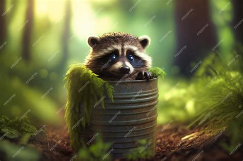 Premium Photo | Cheeky raccoon peeking out from behind a trash can