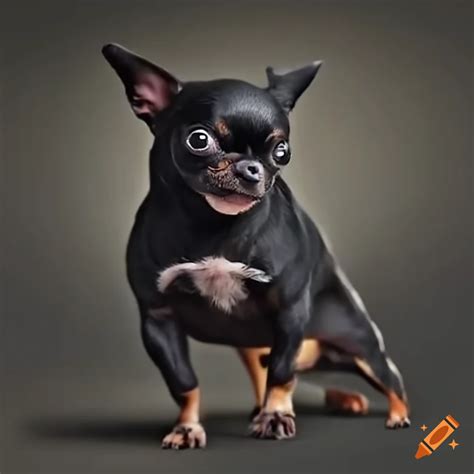 A muscular black chihuahua flexing its tiny muscles