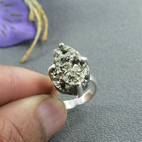 Genuine Golden Pyrite Druzy Ring, Pyrite Ring, Set in 925 Sterling Silver, Prong Set Ring ...