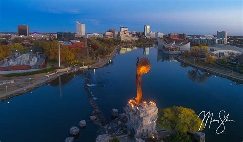 Aerial Autumn Sunset Over Wichita | The Keeper of the Plains, Wichita ...