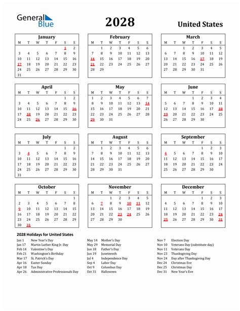 Free Printable 2028 United States Holiday Calendar