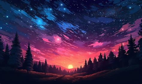 Premium AI Image | red sky at Sunset Anime summer landscape Starry sky illustration poster