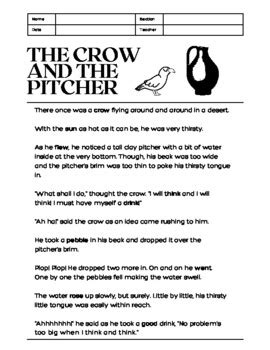 The Crow And The Pitcher - Folktale, Fairytale, and Fable Worksheet