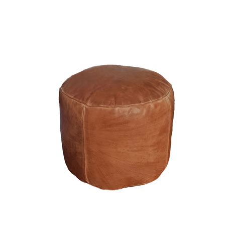 Round Leather Pouf Ottoman natural brown leather
