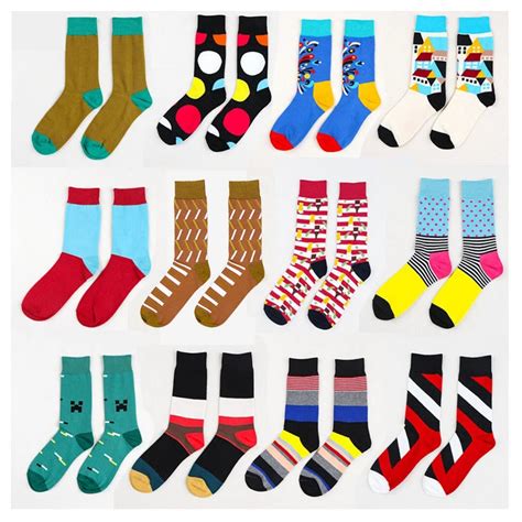 1 Pair Male Cotton Socks Colorful Striped Jacquard Art Socks Hit Color Dot Long Happy Socks Men ...