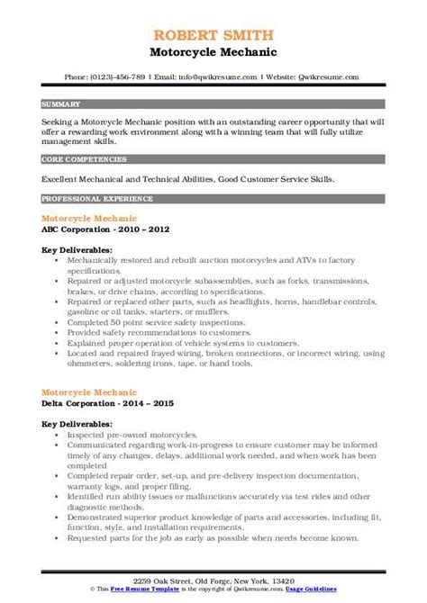 Motorcycle Mechanic Resume Samples | QwikResume