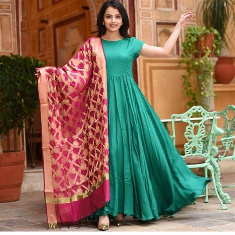 Anarkali with brocade dupatta😍 | Designer dresses indian, Kurti designs party wear, Long gown dress