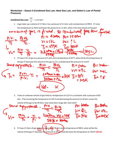 Combined Gas Law Problems Worksheets