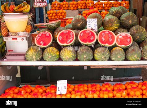 Israel Tel Aviv Carmel Market greengrocer fruitier fresh fruit stall ...