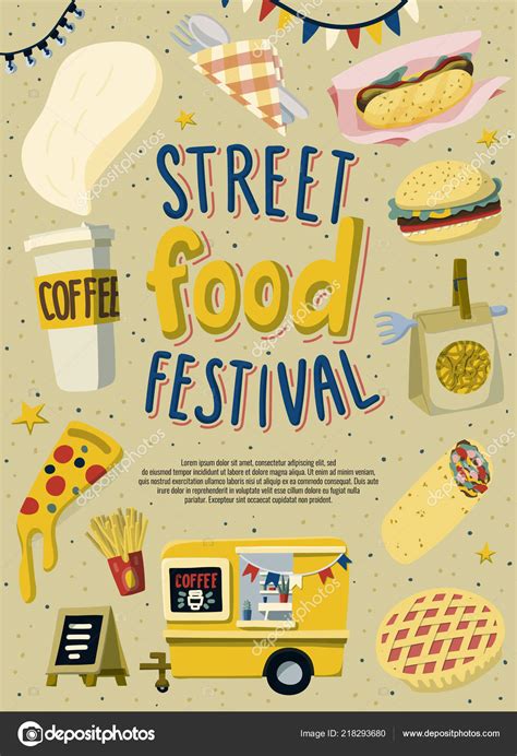 Street food festival poster template design. Hand drawn lettering and fast food in doodle style ...