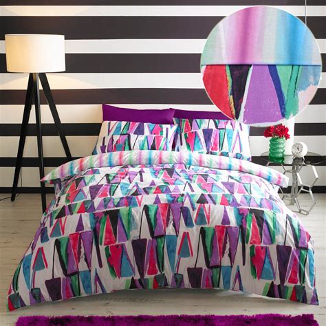 Zandra Rhodes Opal Duvet Cover with Vibrant Geometric Design & Reversible Stripe Purple Green ...