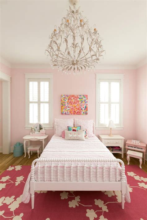 Girls room chandelier white antique bed dark pink rug pale pink walls ...