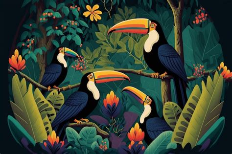 Premium Photo | Illustration of a tropical rainforest with toucans