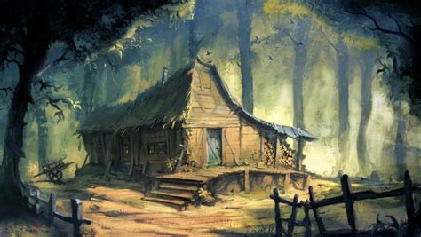 a painting of a cabin in the woods