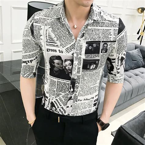 High Quality Summer Tuxedo Shirt Half Sleeve Slim Fit Newspaper Print Shirt Men Casual Night ...