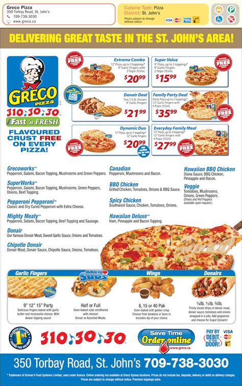 Greco Pizza - Menu & Prices - 350 Torbay Rd, St John's, NL