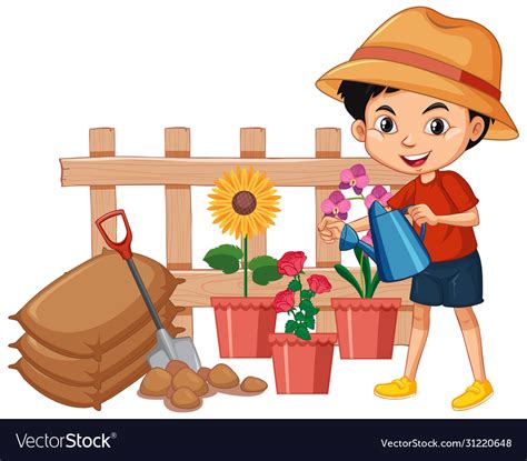 Boy watering flowers in garden on white Royalty Free Vector