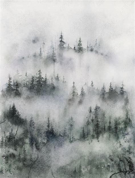 Foggy Forest watercolor illustration, Painting of Misty Mountain ...