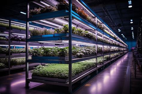 Premium AI Image | Shelved Indoor Farm Utilizing LED Light for Plants