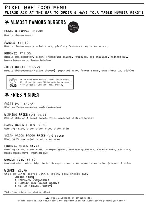 Leeds | Pixel Bar | Food Menu