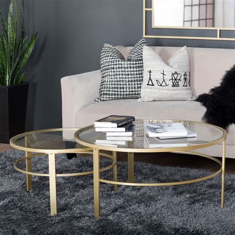 Corbel Modern Round Metal and Glass Nesting Coffee Table Set, Gold with ...