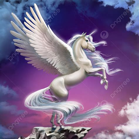 Winged Unicorn PNG Picture, White Unicorn With Wings Against A Purple In The Clouds, Pink ...