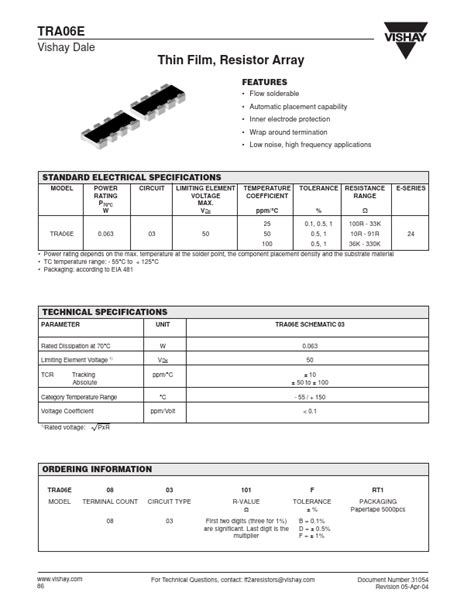 TRA06E Datasheet - Thin Film/ Resistor Array