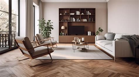 Premium AI Image | Hardwood Parquet Floors in a Contemporary Living Room