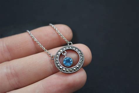 Sterling Silver Blue Gemstone Marcasite Circle Necklace, Sterling Marcasite Open Circle Necklace ...