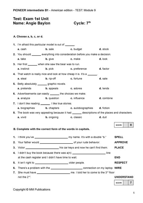 Pioneer Intermediate B1 Tests Module 9 - Test: Exam 1st Unit Name: Angie Baylon Cycle: 7th A ...