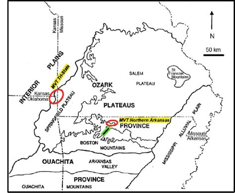 Major physiographic provinces of the Ozark Plateaus. MVT deposits... | Download Scientific Diagram