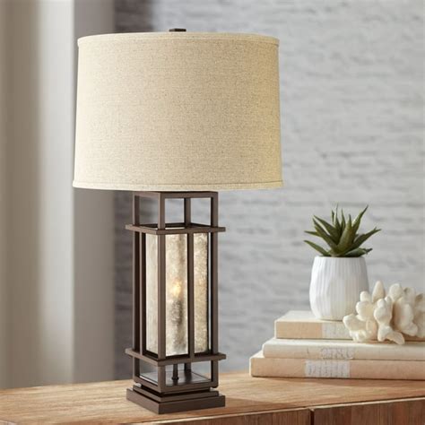 Franklin Iron Works Rustic Farmhouse Table Lamp with Nightlight LED Caged Brown Oatmeal Fabric ...