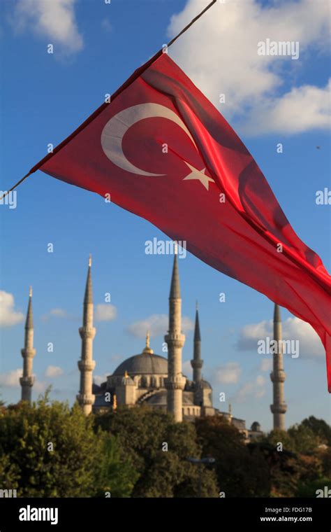 Blue Mosque with Turkish flag view from M. Arkif Ersoy Sultanahment ...