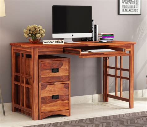 Buy Horsley Computer Table With Keyboard Tray and Drawer Storage (Honey Finish) Online in India ...