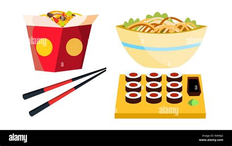 Takeaway Chinese Food Vector. Box Noodles. Chopsticks. Tasty Lunch Menu. Isolated Flat Cartoon ...