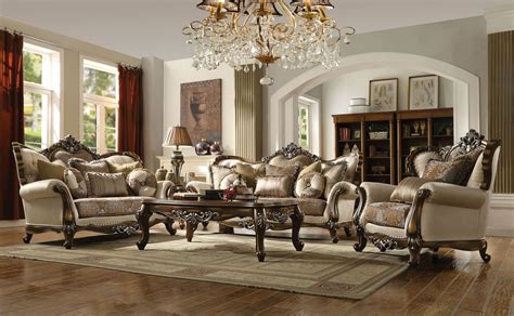 52115 Tan Pattern Fabric Antique Oak Finish LIving Room Acme Latisha Collection