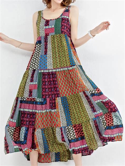 Gracila Bohemian Patchwork Sleeveless O-Neck Long Maxi Dresses | Patchwork dress, Chic outfits ...