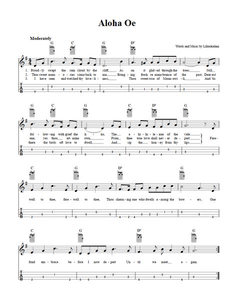 Aloha Oe: Chords, Sheet Music, and Tab for Baritone Ukulele with Lyrics