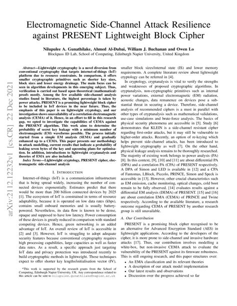 Electromagnetic Side-Channel Attack Resilience against PRESENT Lightweight Block Cipher | DeepAI