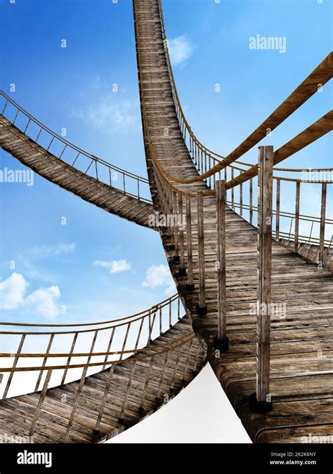 Old wooden suspended bridges against blue sky. 3D illustration Stock Photo - Alamy